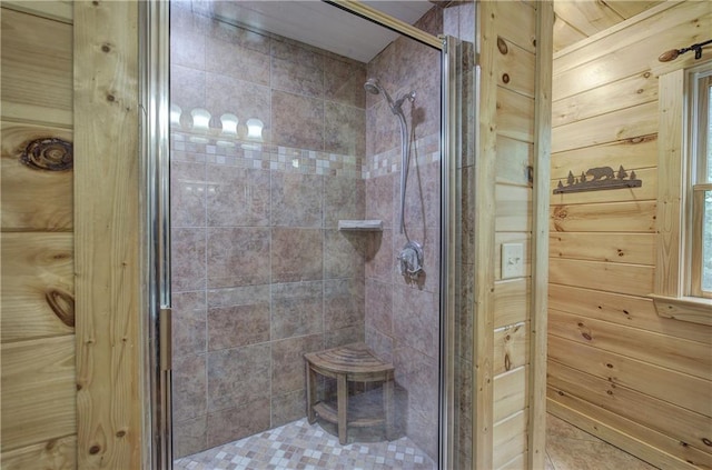 128 Rushing Waters Ct, Talking Rock, GA 30175 - bathroom featuring a stall shower and wood walls