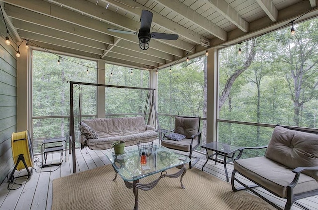 128 Rushing Waters Ct, Talking Rock, GA 30175 - sunroom featuring a ceiling fan, outdoor lounge area, and a forest view