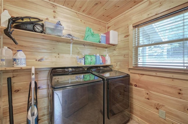 128 Rushing Waters Ct, Talking Rock, GA 30175 - washroom featuring independent washer and dryer, wooden walls, and wood ceiling