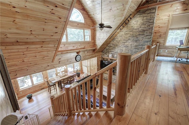 128 Rushing Waters Ct, Talking Rock, GA 30175 - stairs featuring wood ceiling, hardwood / wood-style floors, plenty of natural light, high vaulted ceiling, and wooden walls