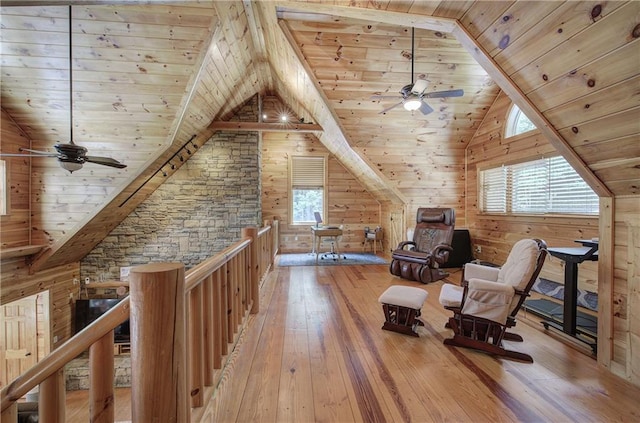128 Rushing Waters Ct, Talking Rock, GA 30175 - sitting room featuring ceiling fan, wood ceiling, hardwood / wood-style flooring, an upstairs landing, and vaulted ceiling