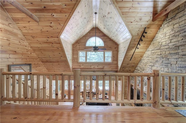 128 Rushing Waters Ct, Talking Rock, GA 30175 - detailed view of wooden ceiling, a ceiling fan, track lighting, and wood finished floors