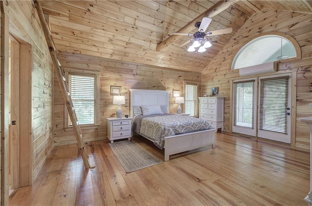 128 Rushing Waters Ct, Talking Rock, GA 30175 - bedroom featuring a wooden ceiling with exposed beams, wood walls, light wood-style floors, high vaulted ceiling, and ceiling fan