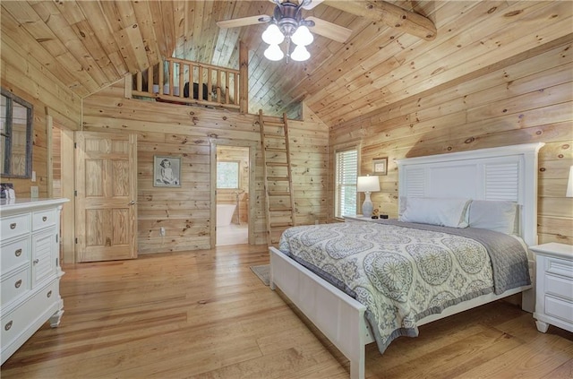 128 Rushing Waters Ct, Talking Rock, GA 30175 - bedroom featuring wooden ceiling, wood walls, light wood-type flooring, and high vaulted ceiling
