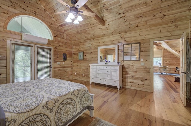 128 Rushing Waters Ct, Talking Rock, GA 30175 - bedroom with vaulted ceiling, a wall mounted air conditioner, wood ceiling, wood walls, and hardwood / wood-style floors