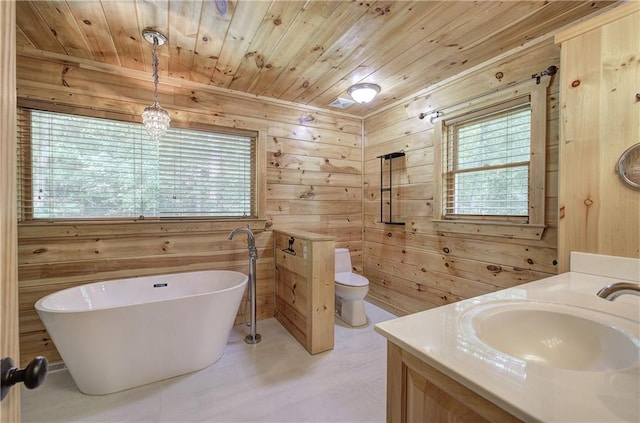 128 Rushing Waters Ct, Talking Rock, GA 30175 - full bath featuring wooden ceiling, a soaking tub, wooden walls, and vanity