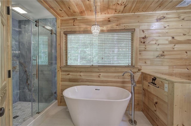 128 Rushing Waters Ct, Talking Rock, GA 30175 - bathroom with wood walls, wooden ceiling, a freestanding tub, a shower stall, and tile patterned flooring