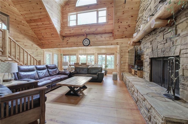 128 Rushing Waters Ct, Talking Rock, GA 30175 - living area with high vaulted ceiling, hardwood / wood-style floors, stairs, a fireplace, and wooden ceiling