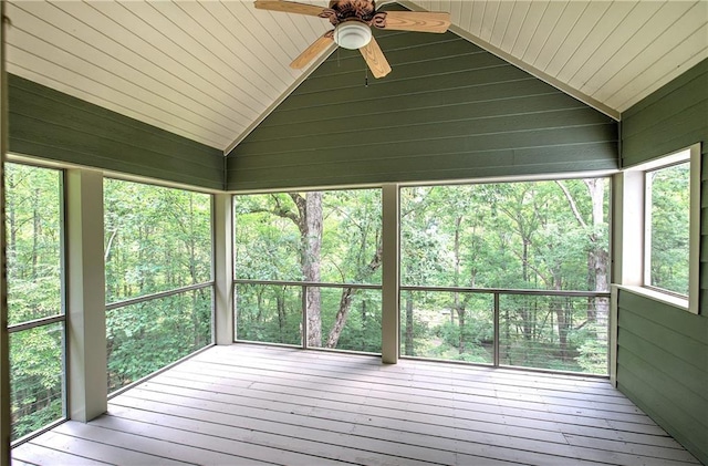 128 Rushing Waters Ct, Talking Rock, GA 30175 - unfurnished sunroom featuring a ceiling fan, lofted ceiling, wood ceiling, and a deck