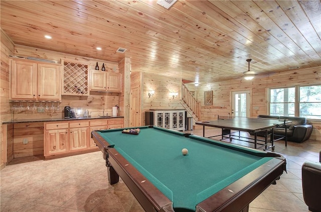 128 Rushing Waters Ct, Talking Rock, GA 30175 - recreation room featuring wooden ceiling, wooden walls, billiards table, bar with sink, and recessed lighting
