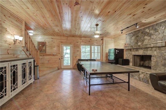 128 Rushing Waters Ct, Talking Rock, GA 30175 - rec room with wood ceiling, rail lighting, a stone fireplace, and wooden walls