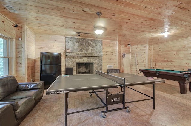128 Rushing Waters Ct, Talking Rock, GA 30175 - rec room with wooden ceiling, wooden walls, billiards, a fireplace, and tile patterned floors