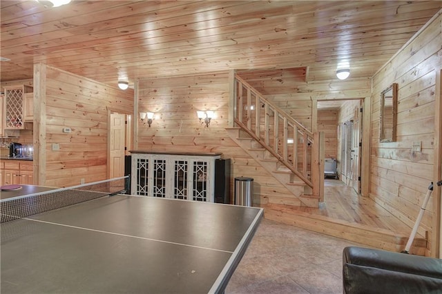 128 Rushing Waters Ct, Talking Rock, GA 30175 - rec room with wood walls, wood ceiling, and tile patterned floors