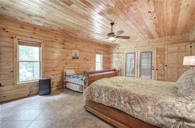 128 Rushing Waters Ct, Talking Rock, GA 30175 - tiled bedroom featuring multiple windows, wood ceiling, wooden walls, and ceiling fan