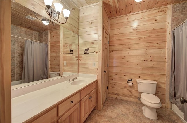 128 Rushing Waters Ct, Talking Rock, GA 30175 - bathroom featuring wooden ceiling, vanity, tile patterned floors, wood walls, and shower / bathtub combination with curtain
