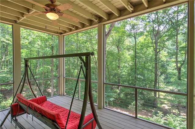 128 Rushing Waters Ct, Talking Rock, GA 30175 - sunroom featuring a ceiling fan and a view of trees