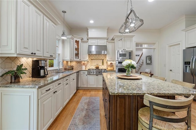 kitchen with a sink, appliances with stainless steel finishes, a kitchen breakfast bar, under cabinet range hood, and light wood-style floors