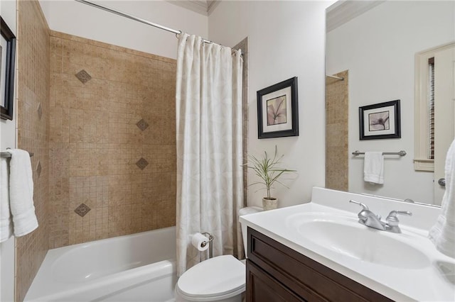 full bathroom with toilet, vanity, and shower / bath combo with shower curtain