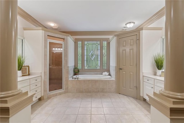 full bath featuring tile patterned floors, a stall shower, a bath, vanity, and ornamental molding