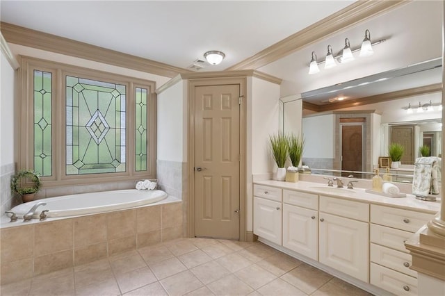 bathroom featuring a bath, tile patterned floors, vanity, a tile shower, and ornamental molding