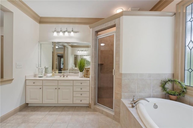 full bath featuring a stall shower, a bath, vanity, tile patterned floors, and crown molding