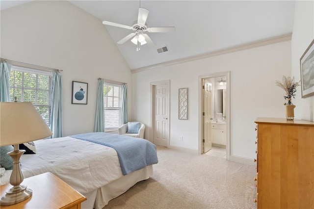 bedroom featuring high vaulted ceiling, light colored carpet, baseboards, connected bathroom, and a ceiling fan