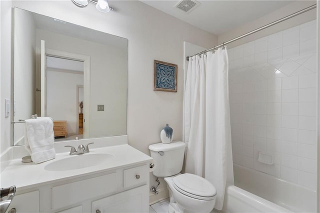 bathroom featuring toilet, vanity, and shower / bathtub combination with curtain