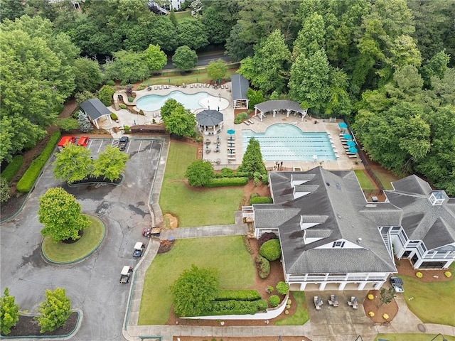 aerial view of a pool area