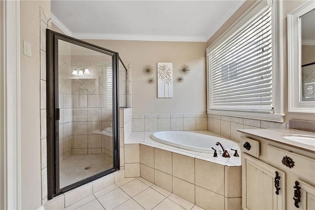 bathroom with a bath, tile patterned flooring, crown molding, and a shower stall
