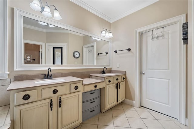 full bath featuring double vanity, a sink, tile patterned flooring, and crown molding