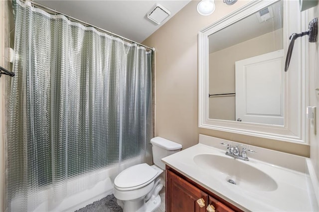 full bath with toilet, shower / bathtub combination with curtain, vanity, and visible vents
