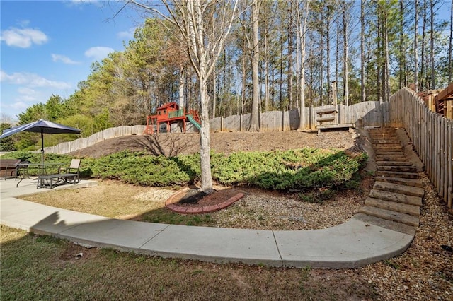 view of yard with a fenced backyard, playground community, and a patio