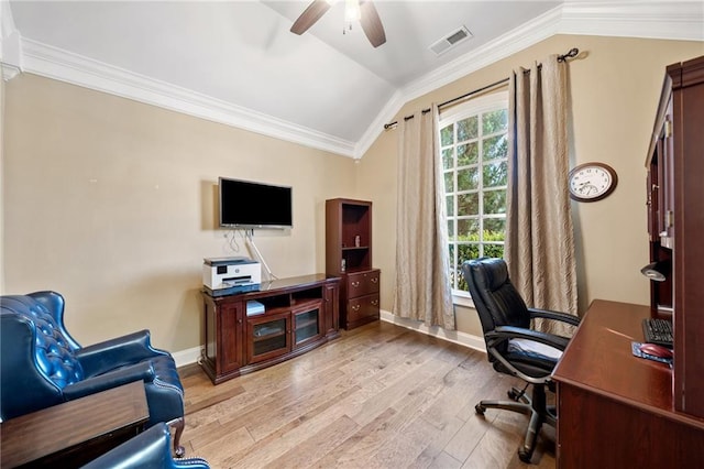 office featuring visible vents, crown molding, wood finished floors, a ceiling fan, and vaulted ceiling