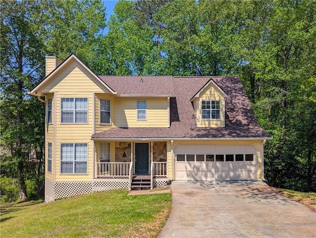 1166 Memory Ln, Lawrenceville, GA 30044 - traditional-style house featuring roof with shingles, driveway, a porch, a chimney, and a front yard