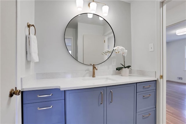 bathroom with wood finished floors and vanity