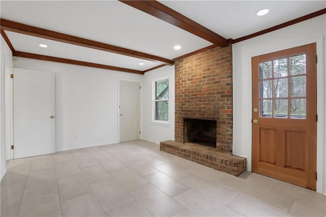 unfurnished living room with a brick fireplace, light tile patterned flooring, beamed ceiling, and recessed lighting