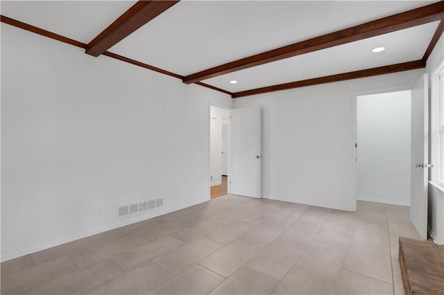 spare room featuring beam ceiling, crown molding, recessed lighting, visible vents, and baseboards