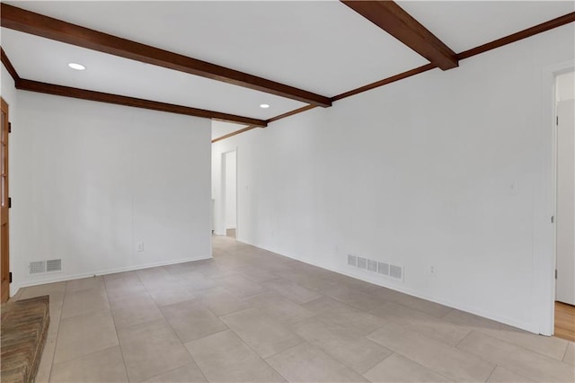 unfurnished living room featuring recessed lighting, beam ceiling, and visible vents