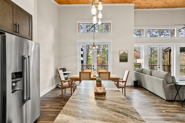 dining room with french doors, dark wood-type flooring, and plenty of natural light