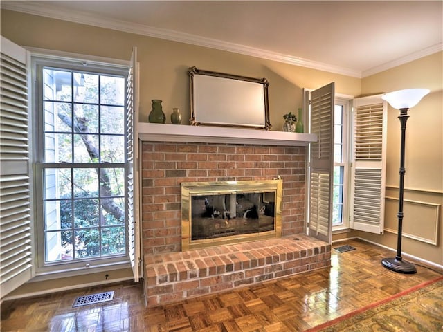 interior details featuring crown molding, parquet flooring, and a fireplace