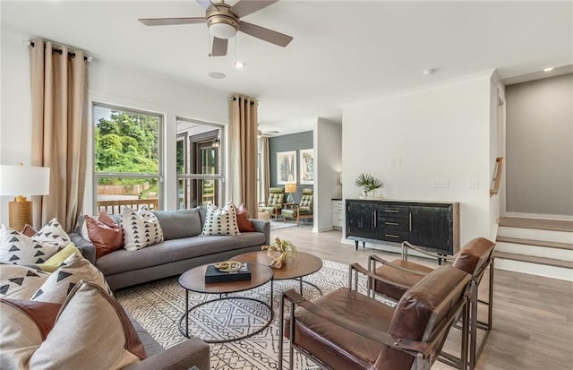 1088 Battery Park Rd, Decatur, GA 30033 - living area with a ceiling fan, healthy amount of natural light, light wood-style flooring, crown molding, and recessed lighting