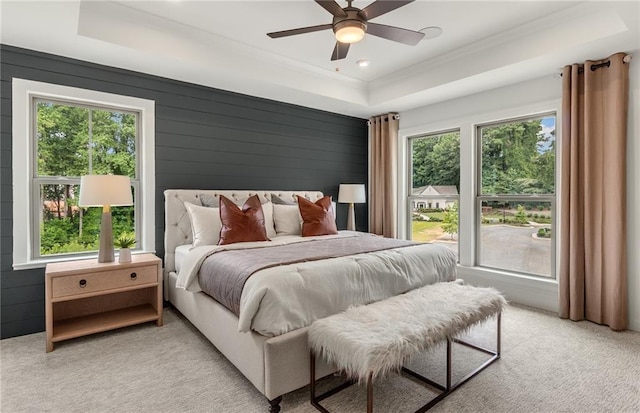 1088 Battery Park Rd, Decatur, GA 30033 - bedroom with a tray ceiling, light colored carpet, crown molding, and ceiling fan