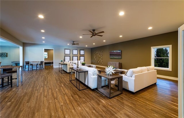 1088 Battery Park Rd, Decatur, GA 30033 - living area with dark wood-style flooring, recessed lighting, baseboards, a ceiling fan, and healthy amount of natural light