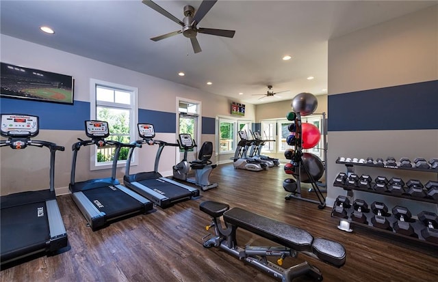 1088 Battery Park Rd, Decatur, GA 30033 - workout area featuring a ceiling fan, baseboards, wood finished floors, and recessed lighting