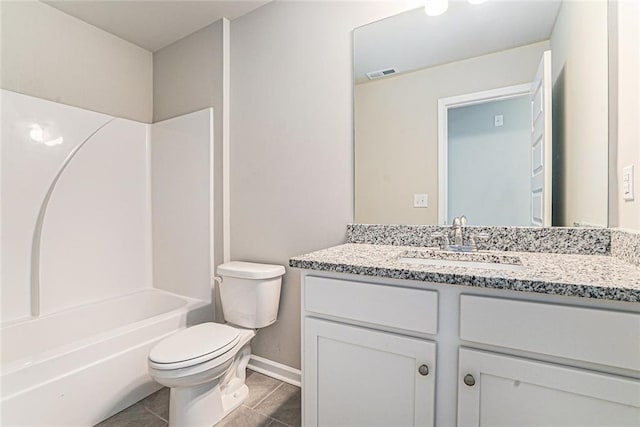 bathroom featuring toilet, baseboards, visible vents, tile patterned flooring, and vanity