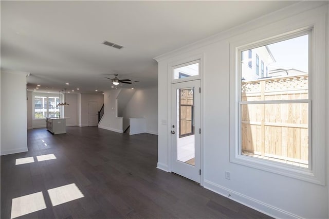 entryway featuring ceiling fan, dark hardwood / wood-style flooring, and ornamental molding