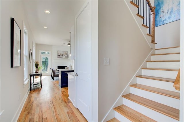 1240 Oakland Ter SW Unit B, Atlanta, GA 30310 - stairs featuring recessed lighting, baseboards, a large fireplace, a ceiling fan, and wood finished floors