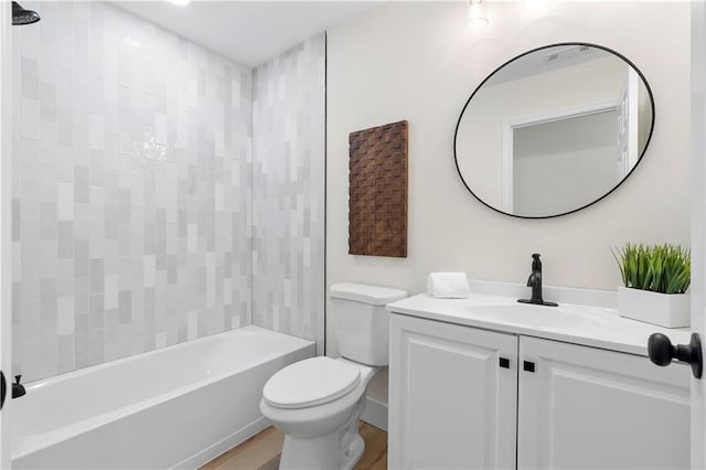 full bathroom with vanity, toilet, shower / bathtub combination, and wood-type flooring