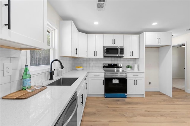 kitchen featuring appliances with stainless steel finishes, sink, white cabinetry, light hardwood / wood-style floors, and decorative backsplash