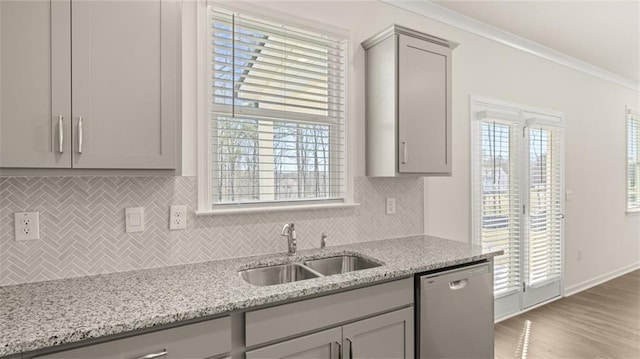 1141 Kingston Ave, Buckhead, GA 30625 - kitchen featuring stainless steel dishwasher, a sink, gray cabinets, tasteful backsplash, and crown molding